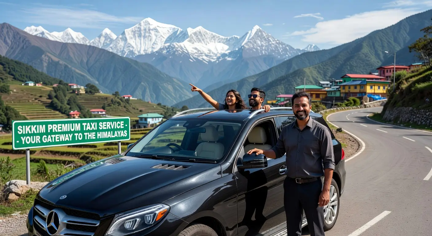 A verified local driver pointing out Himalayan mountain views to tourists from a Gangtok sightseeing taxi. A verified local driver pointing out Himalayan mountain views to tourists from a Gangtok sightseeing taxi.