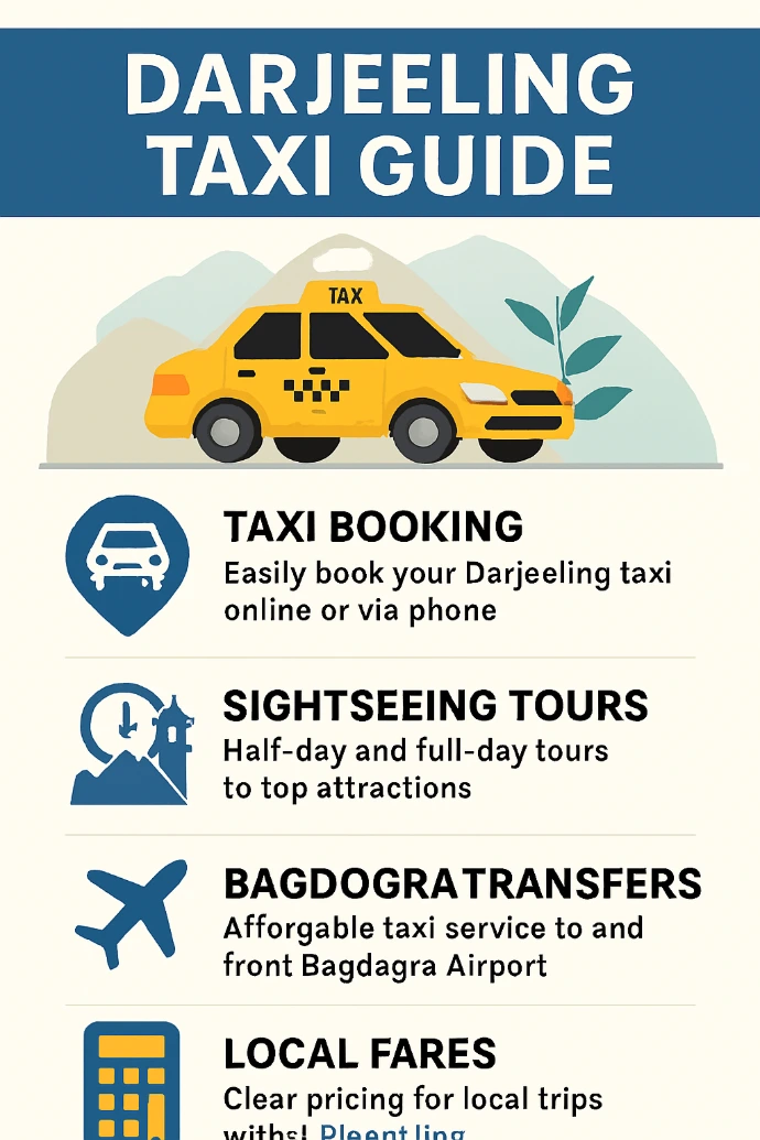 Darjeeling Taxi Guide infographic showing taxi booking options, fares, permits, vehicle types, and contact details