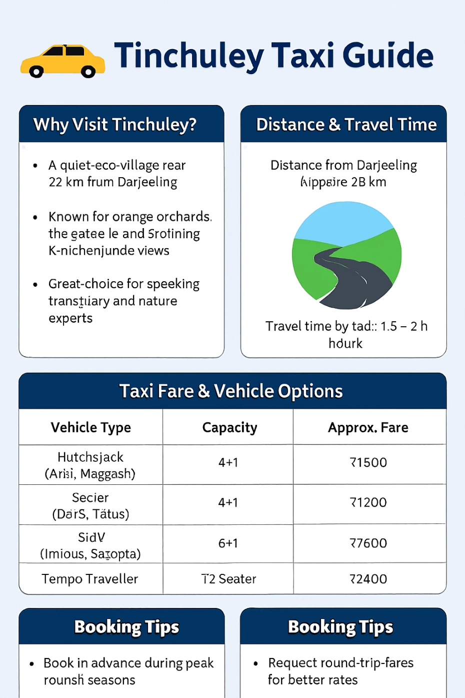 Infographic titled “Tinchuley Taxi Guide” displaying key travel details from Darjeeling to Tinchuley. Includes four sections: reasons to visit (eco-village, orange orchards, Kanchenjunga views), distance and travel time (32 km, 1.5–2 hours), taxi fare chart for hatchback, sedan, SUV, and tempo traveller, and booking tips (advance booking, round-trip fares, vehicle condition). Features a yellow taxi icon and a winding road illustration, with a clean layout using blue, white, and green tones.