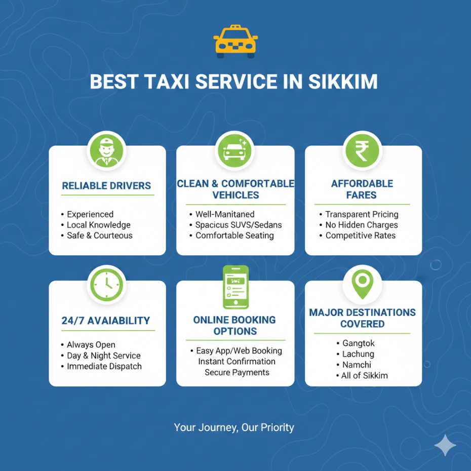 Infographic titled “Best Taxi Service in Sikkim” showcasing key features of top-rated taxi providers in the region. Includes icons and sections for reliable drivers, clean and comfortable vehicles, affordable fares, 24/7 availability, online booking options, and coverage of major destinations like Gangtok, Pelling, Lachung, and Namchi. Uses a clean layout with blue, white, and green tones, featuring a yellow taxi icon, rupee symbol, clock, map pin, and mobile phone illustration to highlight service quality and convenience.