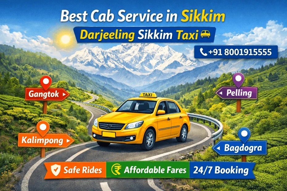 Hero image showing a clean yellow taxi driving through scenic Himalayan roads with views of Mt. Kanchenjunga and tea gardens, representing the best cab service in Sikkim. Includes icons for safe rides, affordable fares, and 24/7 booking, highlighting coverage of Gangtok, Pelling, Lachung, and Namchi.