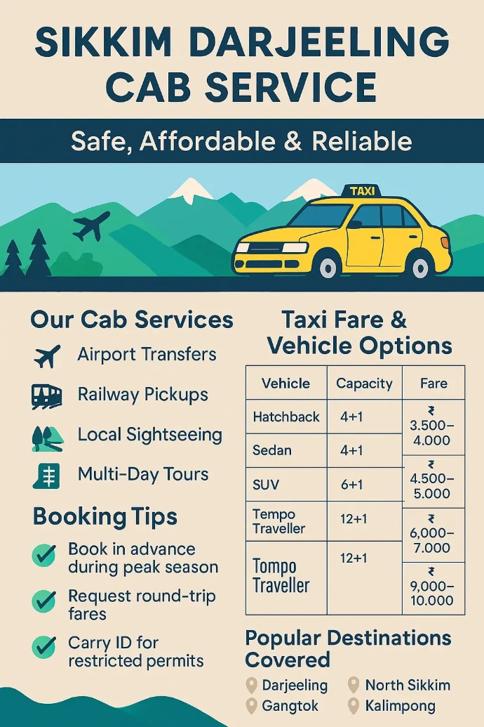 Infographic titled “Sikkim Darjeeling Cab Service” showing cab services (airport transfers, railway pickups, sightseeing, multi-day tours), taxi fare chart for hatchback, sedan, SUV, and tempo traveller, booking tips, and destinations like Darjeeling, Gangtok, Pelling, Kalimpong, and North Sikkim. Designed with blue, green, and yellow tones, featuring icons for taxi, airplane, train, mountain, rupee, and clock.