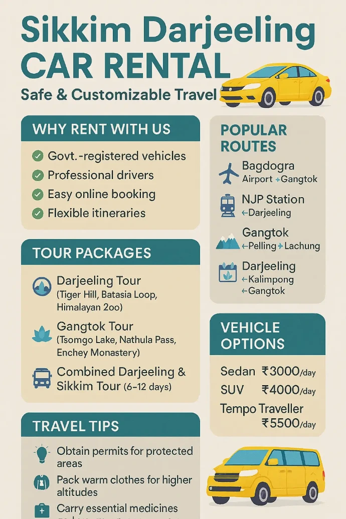 Infographic showing Sikkim Darjeeling car rental services with trusted drivers, popular travel routes, sightseeing packages, vehicle options, and travel tips.