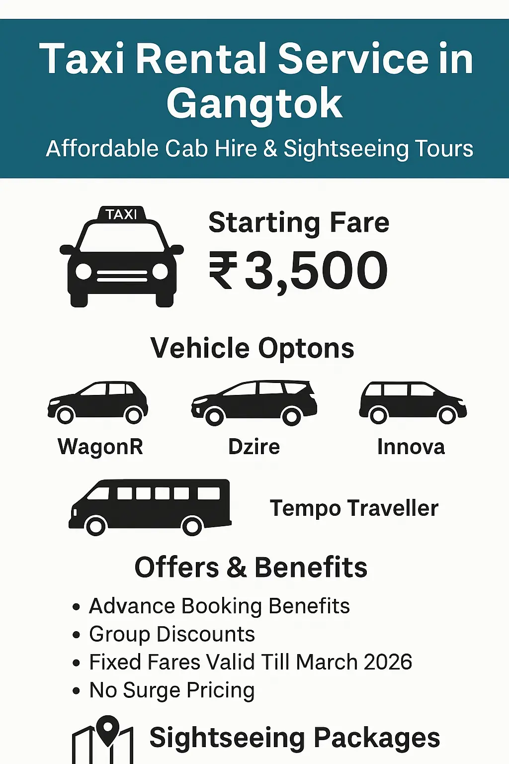 Infographic showing Bagdogra to Gangtok taxi fare chart with vehicle icons. WagonR ₹3,500, Swift Dzire ₹4,000, Mahindra Xylo ₹4,500, Toyota Innova ₹5,000, Toyota Innova Crysta ₹5,500, Toyota Fortuner ₹9,000, Tempo Traveller ₹10,000, Force Urbania ₹12,000.