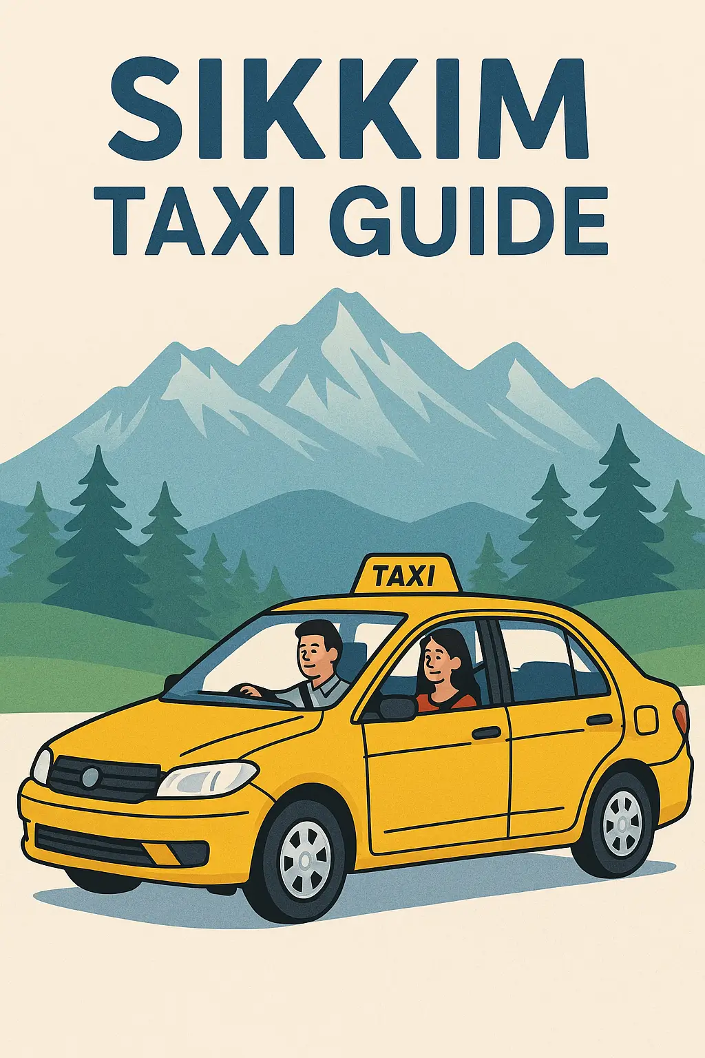 Illustrated Sikkim Taxi Guide cover showing a yellow taxi with driver and passenger in front of Himalayan mountains and pine forests, promoting travel and transportation in Sikkim, India. Illustrated Sikkim Taxi Guide cover showing a yellow taxi with driver and passenger in front of Himalayan mountains and pine forests, promoting travel and transportation in Sikkim, India.