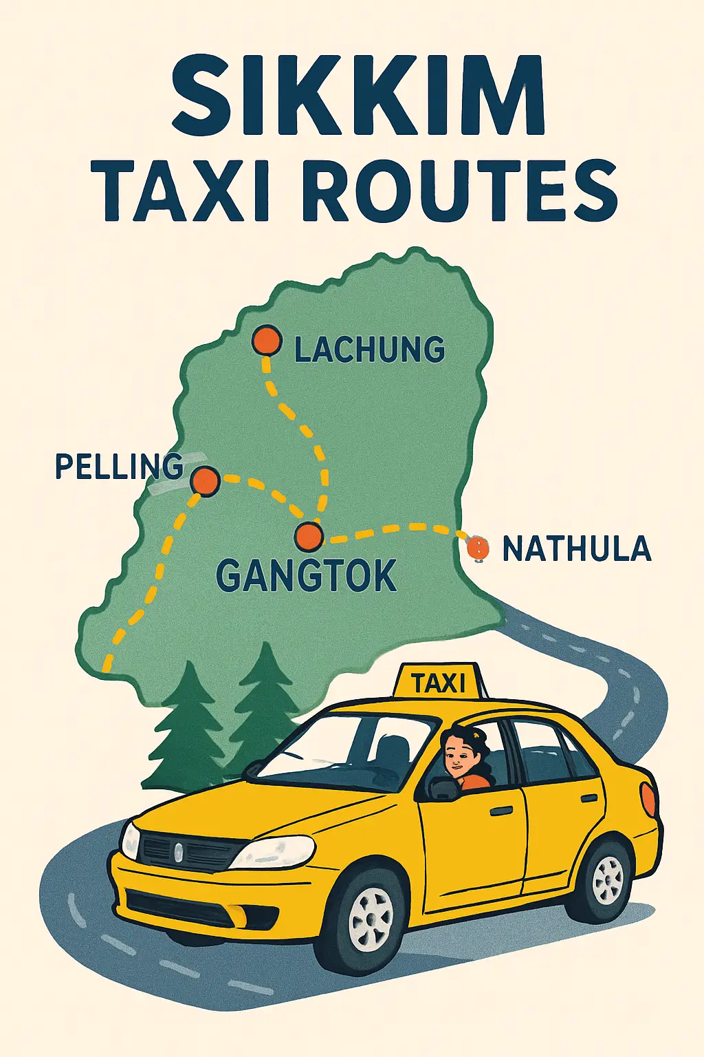 Map-style infographic of Sikkim taxi routes connecting Gangtok, Lachen, Lachung, Pelling, and Nathula with dashed lines and red markers, featuring a yellow taxi on winding mountain roads with pine trees and snow-capped peaks. Map-style infographic of Sikkim taxi routes connecting Gangtok, Lachen, Lachung, Pelling, and Nathula with dashed lines and red markers, featuring a yellow taxi on winding mountain roads with pine trees and snow-capped peaks.