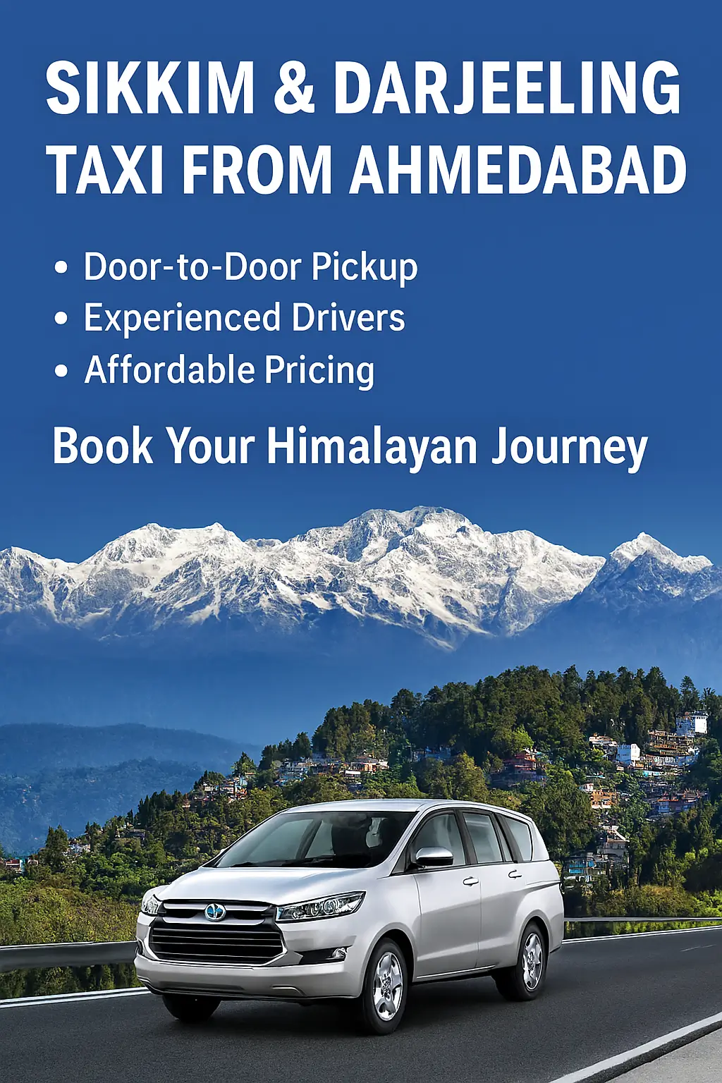 Illustration showing travel routes from Ahmedabad to Sikkim and Darjeeling, with airplane icon flying to Bagdogra Airport and train icon heading to NJP Railway Station, set against Himalayan mountains, tea gardens, and monasteries. Illustration showing travel routes from Ahmedabad to Sikkim and Darjeeling, with airplane icon flying to Bagdogra Airport and train icon heading to NJP Railway Station, set against Himalayan mountains, tea gardens, and monasteries.
