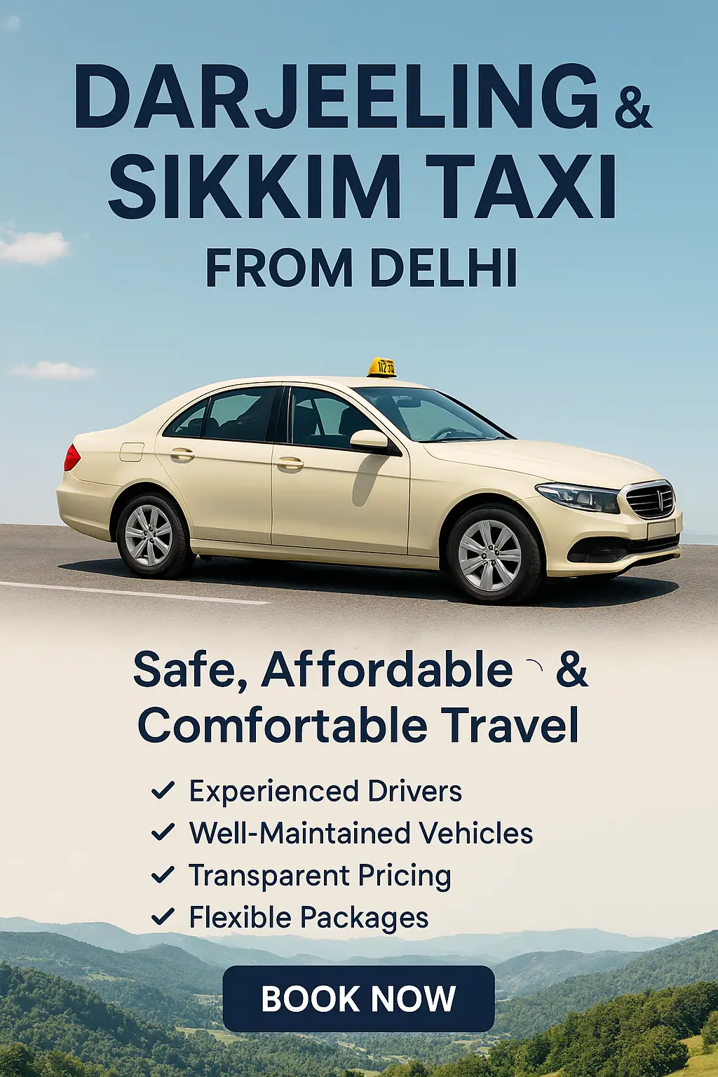Delhi to Darjeeling and Sikkim taxi service banner featuring a scenic mountain road, modern sedan cab, tea gardens, prayer flags, and travel highlights for safe, affordable, comfortable hill station transfers and sightseeing tours. Delhi to Darjeeling and Sikkim taxi service banner featuring a scenic mountain road, modern sedan cab, tea gardens, prayer flags, and travel highlights for safe, affordable, comfortable hill station transfers and sightseeing tours.