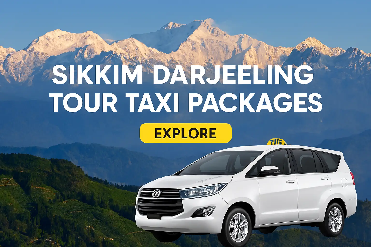 Sikkim Darjeeling Tour Taxi Packages – Scenic collage featuring Tiger Hill sunrise, Tsomgo Lake, Darjeeling tea gardens, colorful monasteries, and a taxi car in the foreground against the Himalayan backdrop. Sikkim Darjeeling Tour Taxi Packages – Scenic collage featuring Tiger Hill sunrise, Tsomgo Lake, Darjeeling tea gardens, colorful monasteries, and a taxi car in the foreground against the Himalayan backdrop.