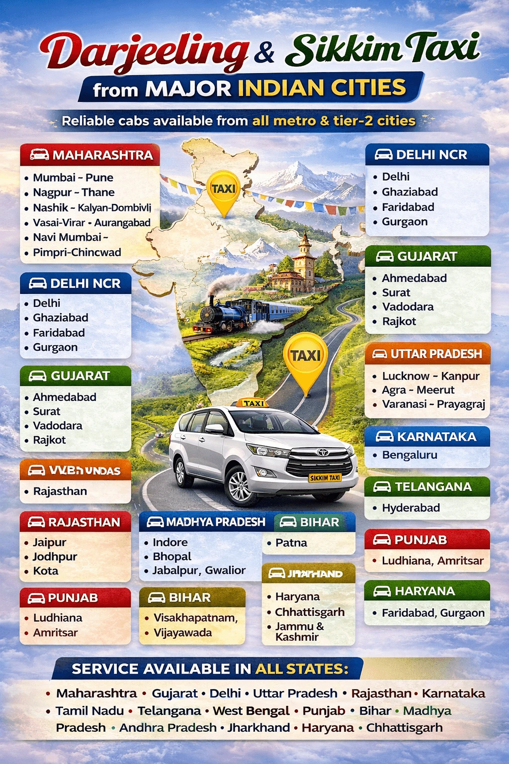 Darjeeling Sikkim taxi from major Indian cities including Mumbai, Delhi, Ahmedabad, Kolkata, Chennai, Bangalore, Hyderabad, Surat, Jaipur, Lucknow with airport pickup from Bagdogra and NJP railway station
