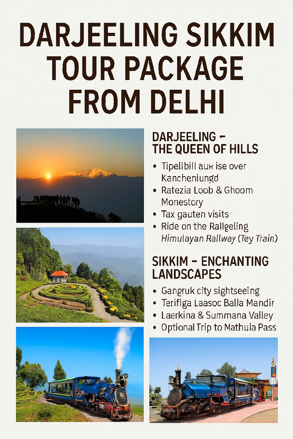 Scenic illustration of Darjeeling and Sikkim tour package from Delhi, featuring sunrise over Kanchenjunga at Tiger Hill, lush Darjeeling tea gardens, the iconic Toy Train at Batasia Loop, and Tsomgo Lake in Gangtok surrounded by snow-capped mountains.